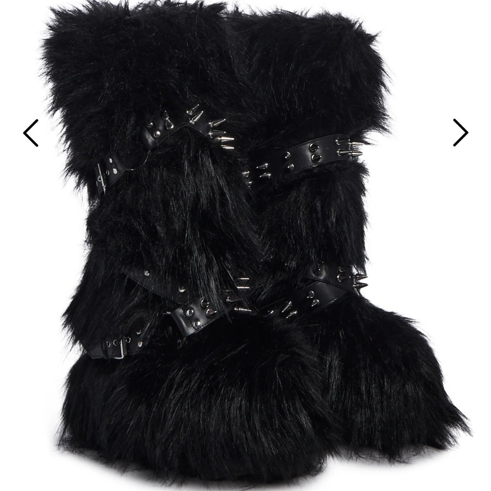 Widow Wild Instincts Faux Fur Boots Dolls Kill with spike studded straps.